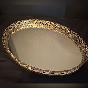 Mirrored Vanity Tray Gold tone Floral Filigree Oval Vintage 9 3/4” X 13 1/4”